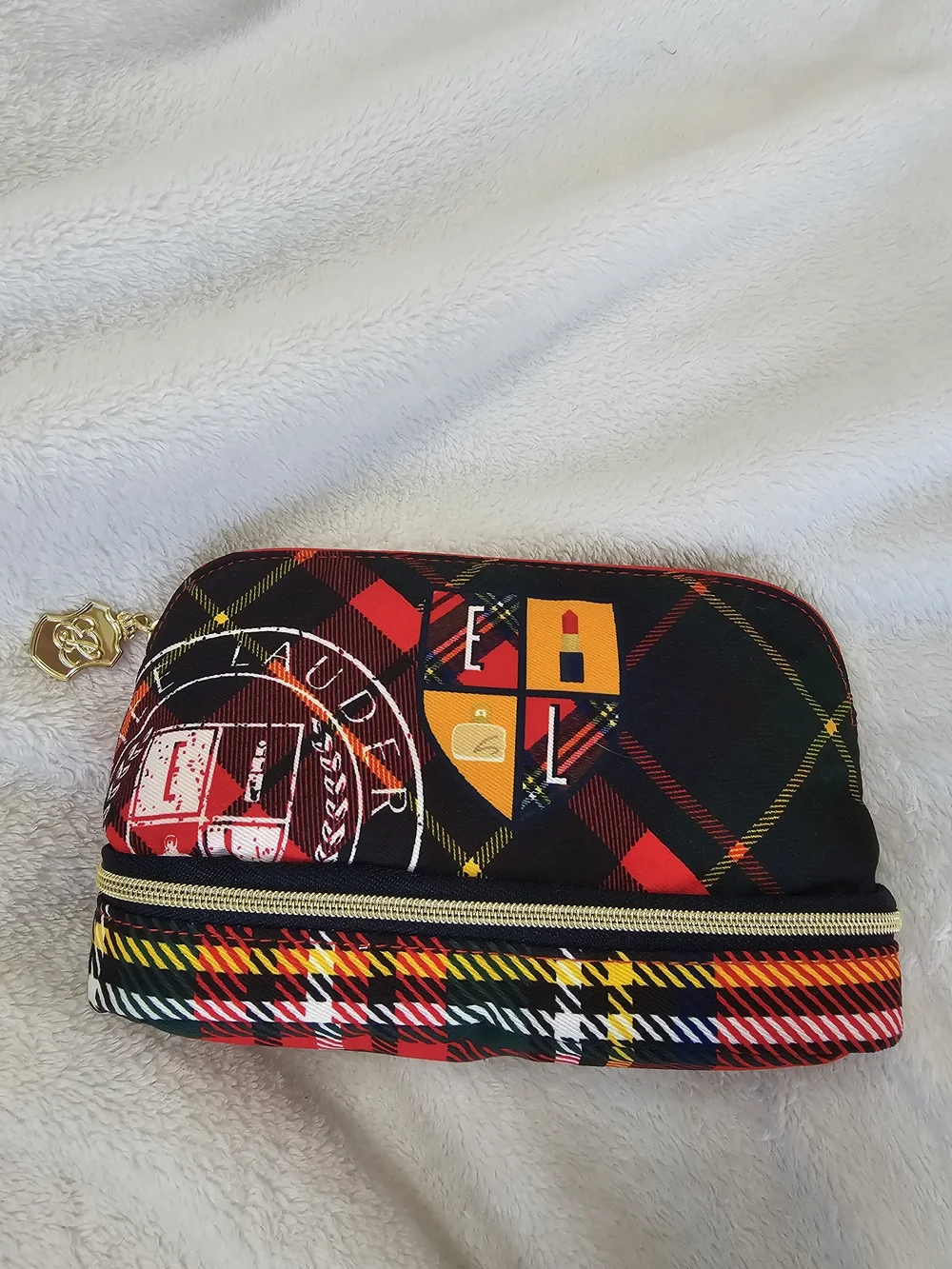 Estée Lauder Plaid Double Compartment Cosmetic Travel Case